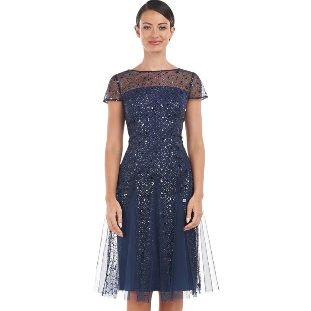 JS Collections Alyssa Sequin Godet Cocktail Dress Navy 6‎